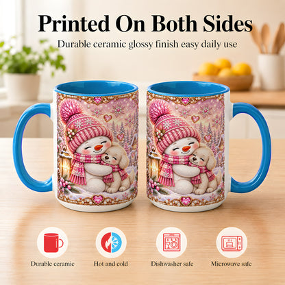 #pl[15oz|Blue] Pink Snowman Dog Coffee Mug, Winter Mug, Ceramic Cup