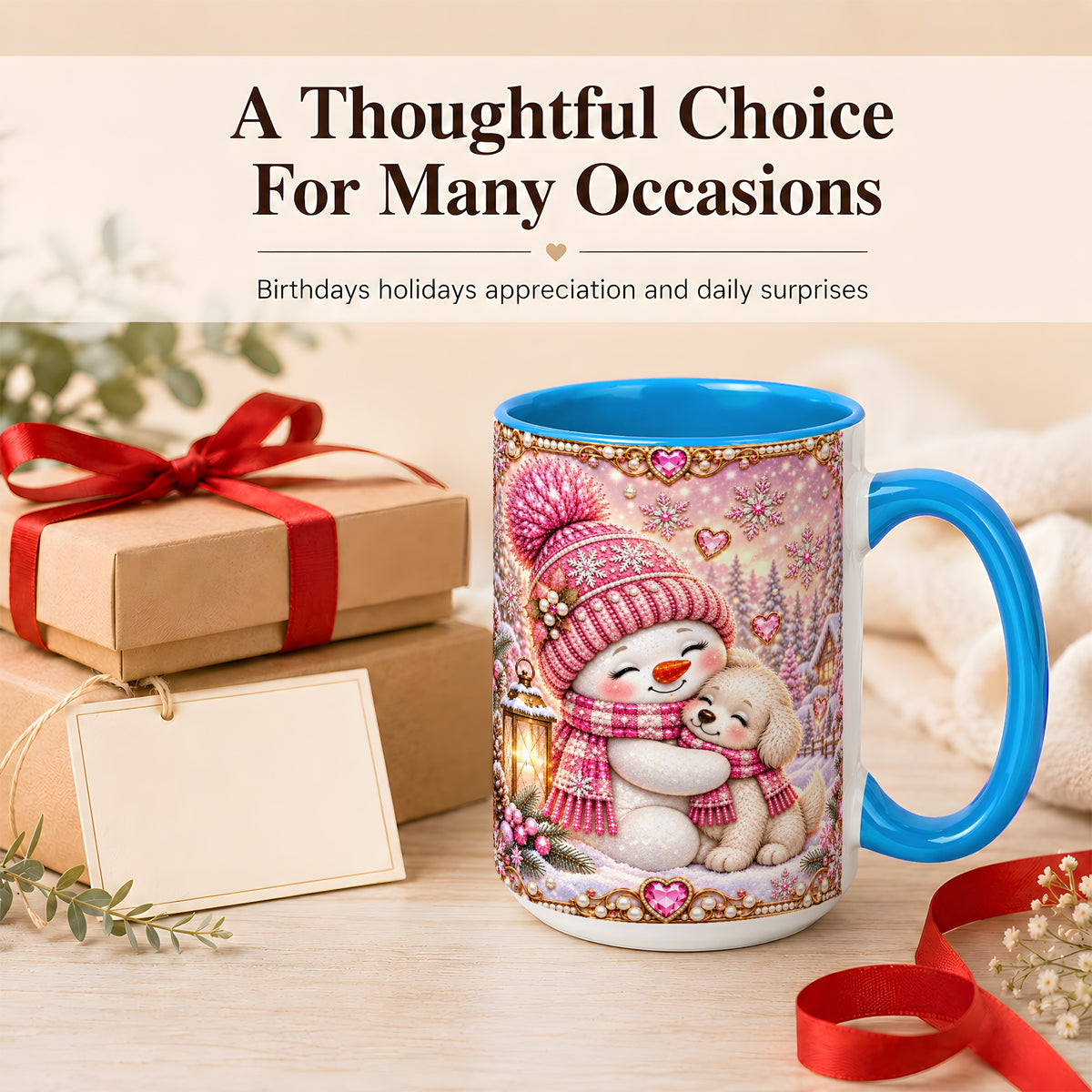 #pl[15oz|Blue] Pink Snowman Dog Coffee Mug, Winter Mug, Ceramic Cup