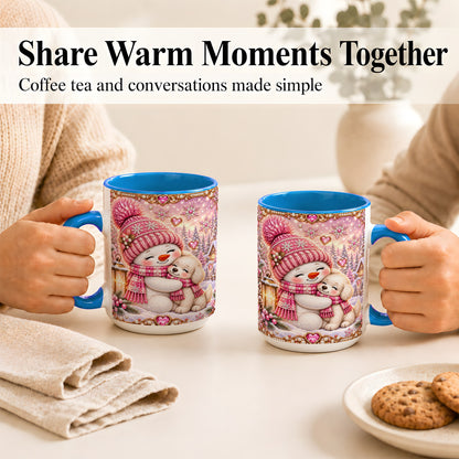 #pl[15oz|Blue] Pink Snowman Dog Coffee Mug, Winter Mug, Ceramic Cup