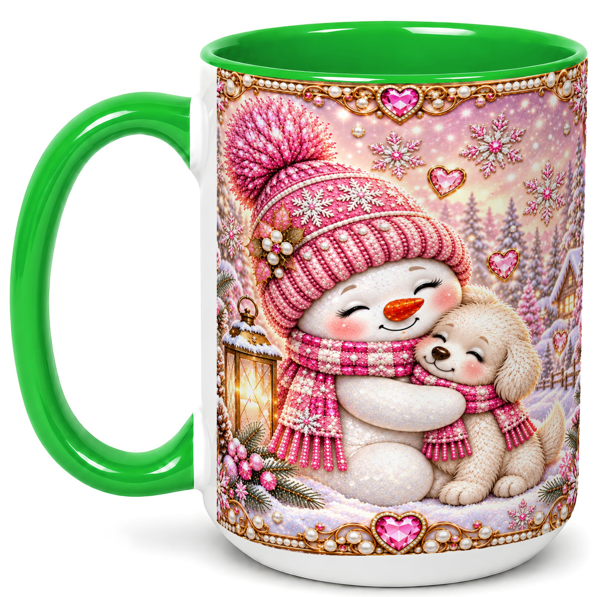 #pl[15oz|Green] Pink Snowman Dog Coffee Mug, Winter Mug, Ceramic Cup