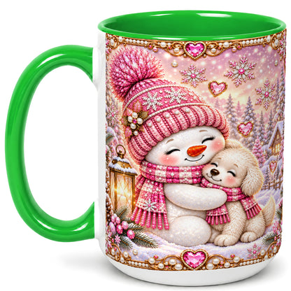 #pl[15oz|Green] Pink Snowman Dog Coffee Mug, Winter Mug, Ceramic Cup