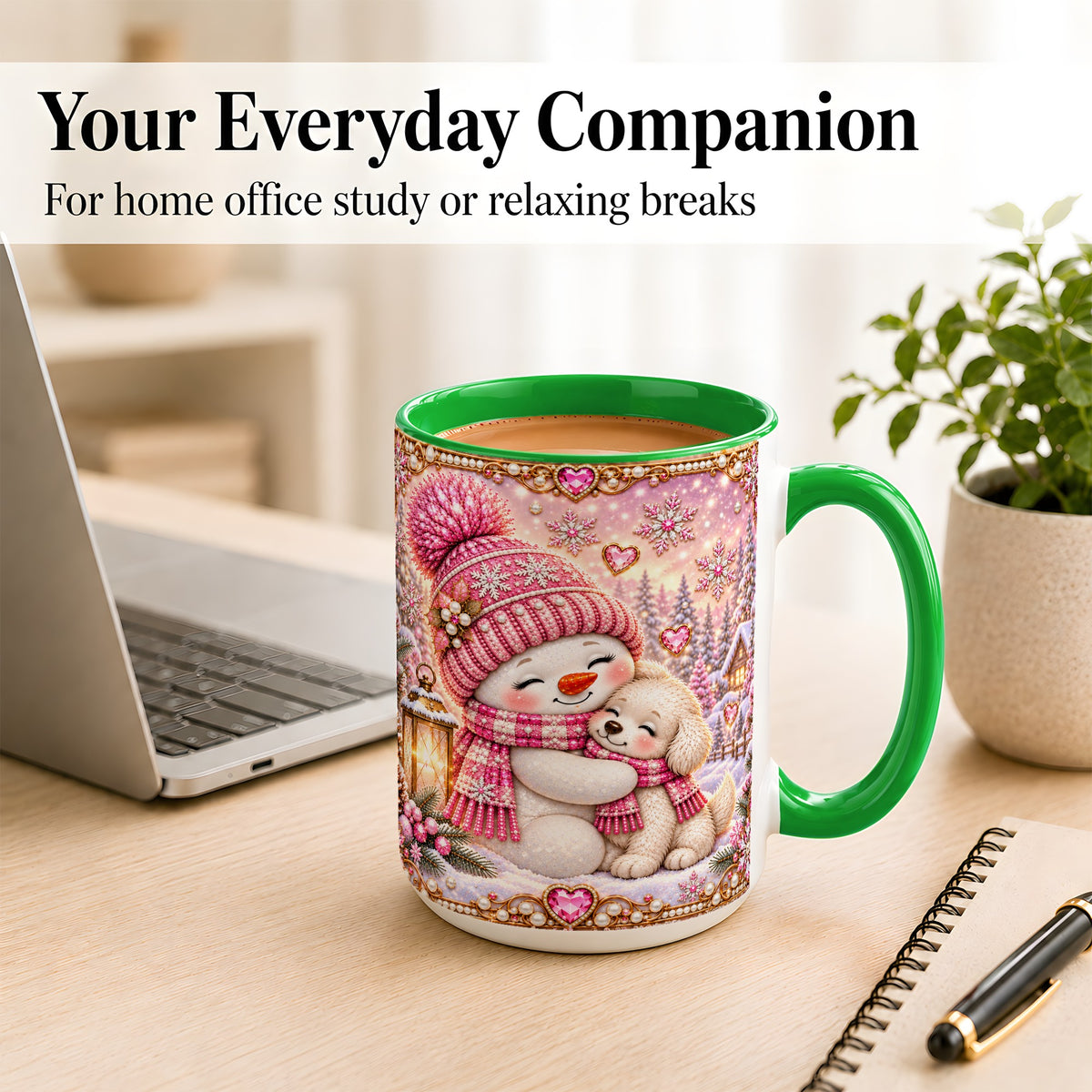 #pl[15oz|Green] Pink Snowman Dog Coffee Mug, Winter Mug, Ceramic Cup