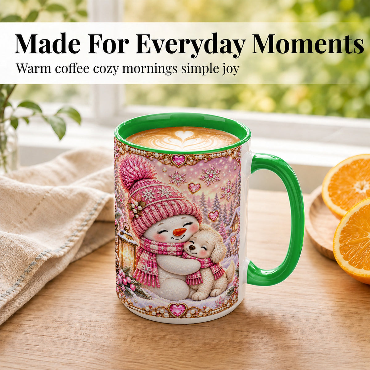 #pl[15oz|Green] Pink Snowman Dog Coffee Mug, Winter Mug, Ceramic Cup