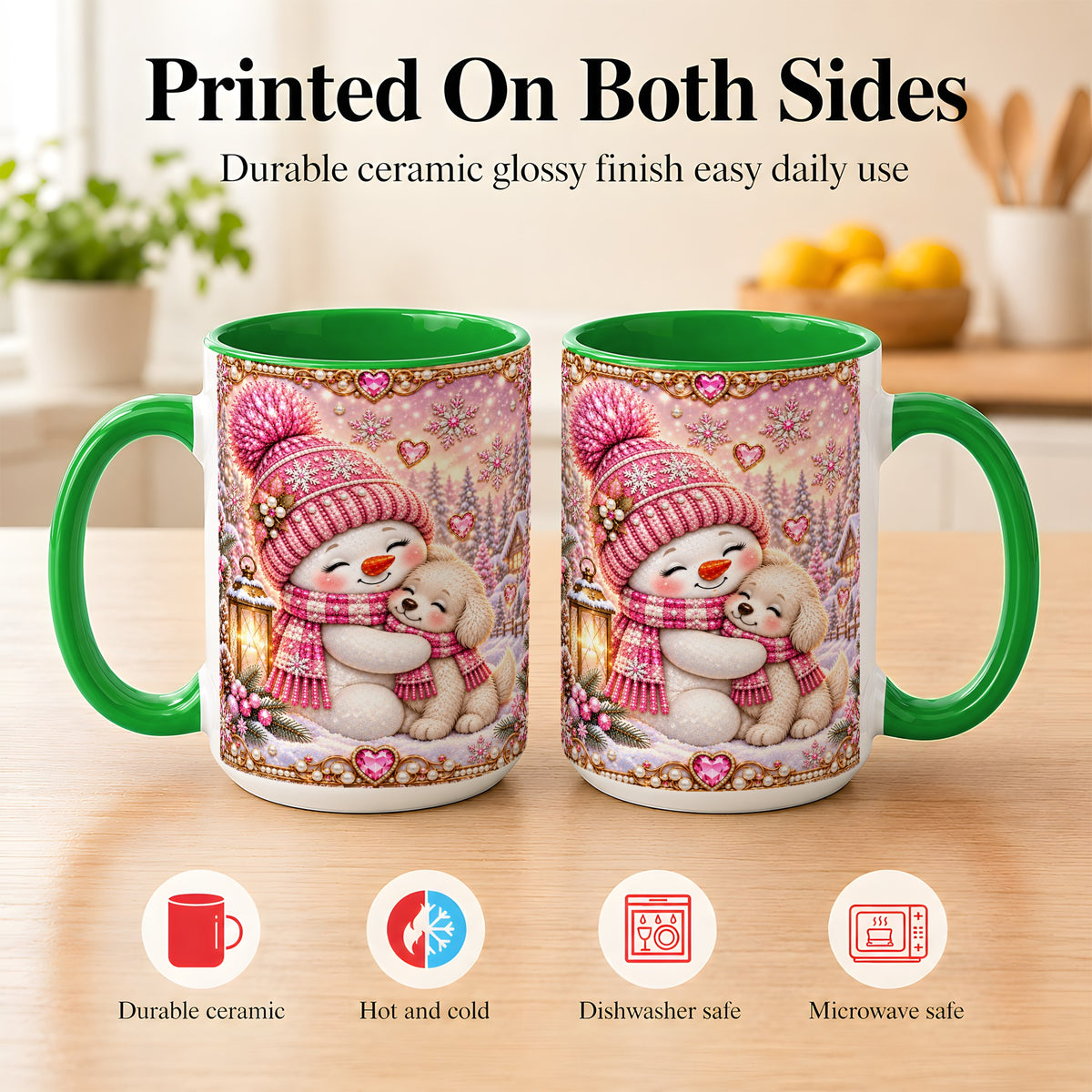 #pl[15oz|Green] Pink Snowman Dog Coffee Mug, Winter Mug, Ceramic Cup