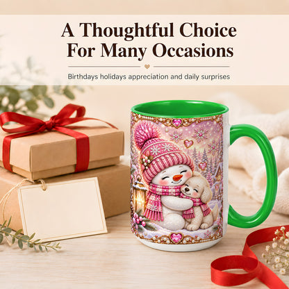#pl[15oz|Green] Pink Snowman Dog Coffee Mug, Winter Mug, Ceramic Cup
