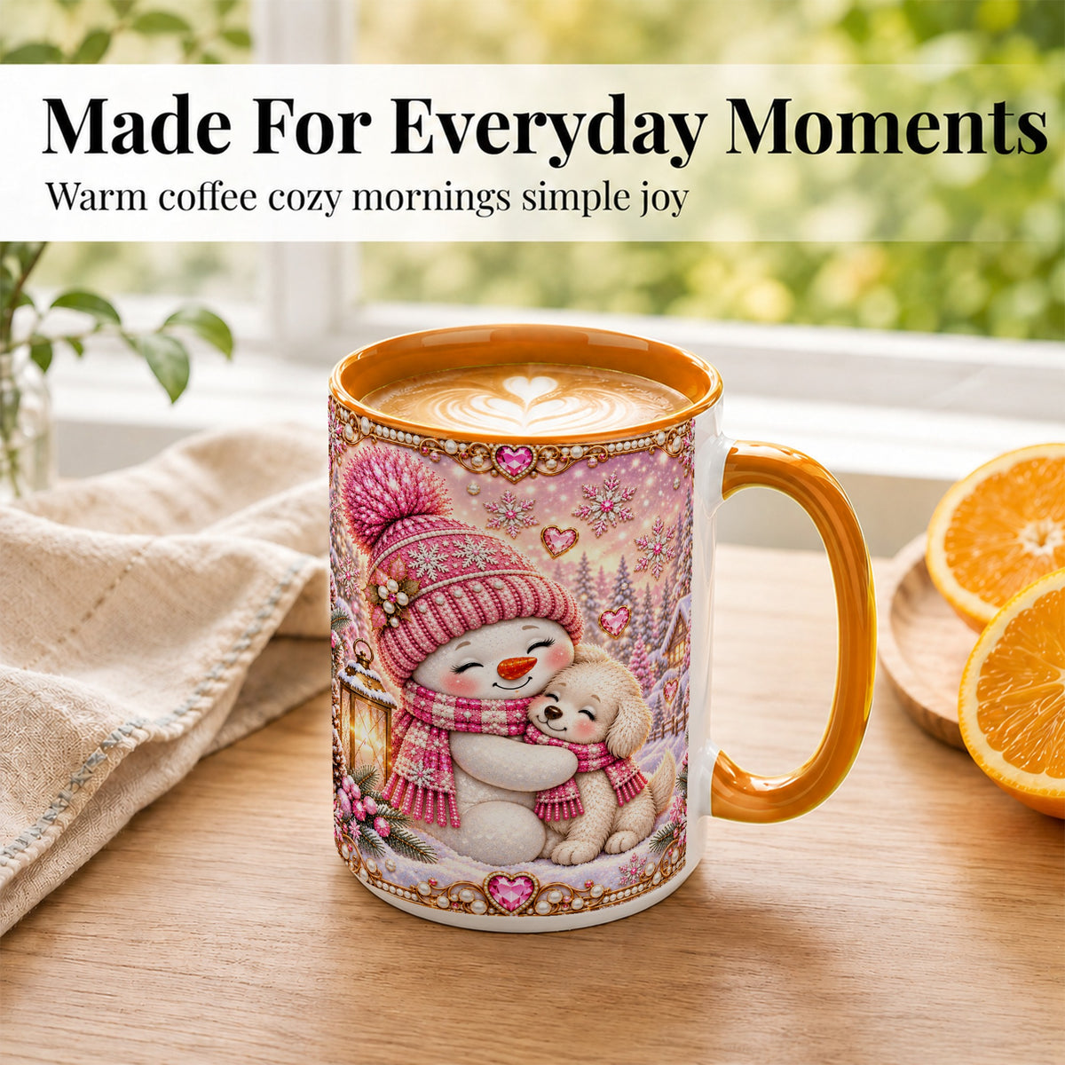 #pl[15oz|Orange] Pink Snowman Dog Coffee Mug, Winter Mug, Ceramic Cup