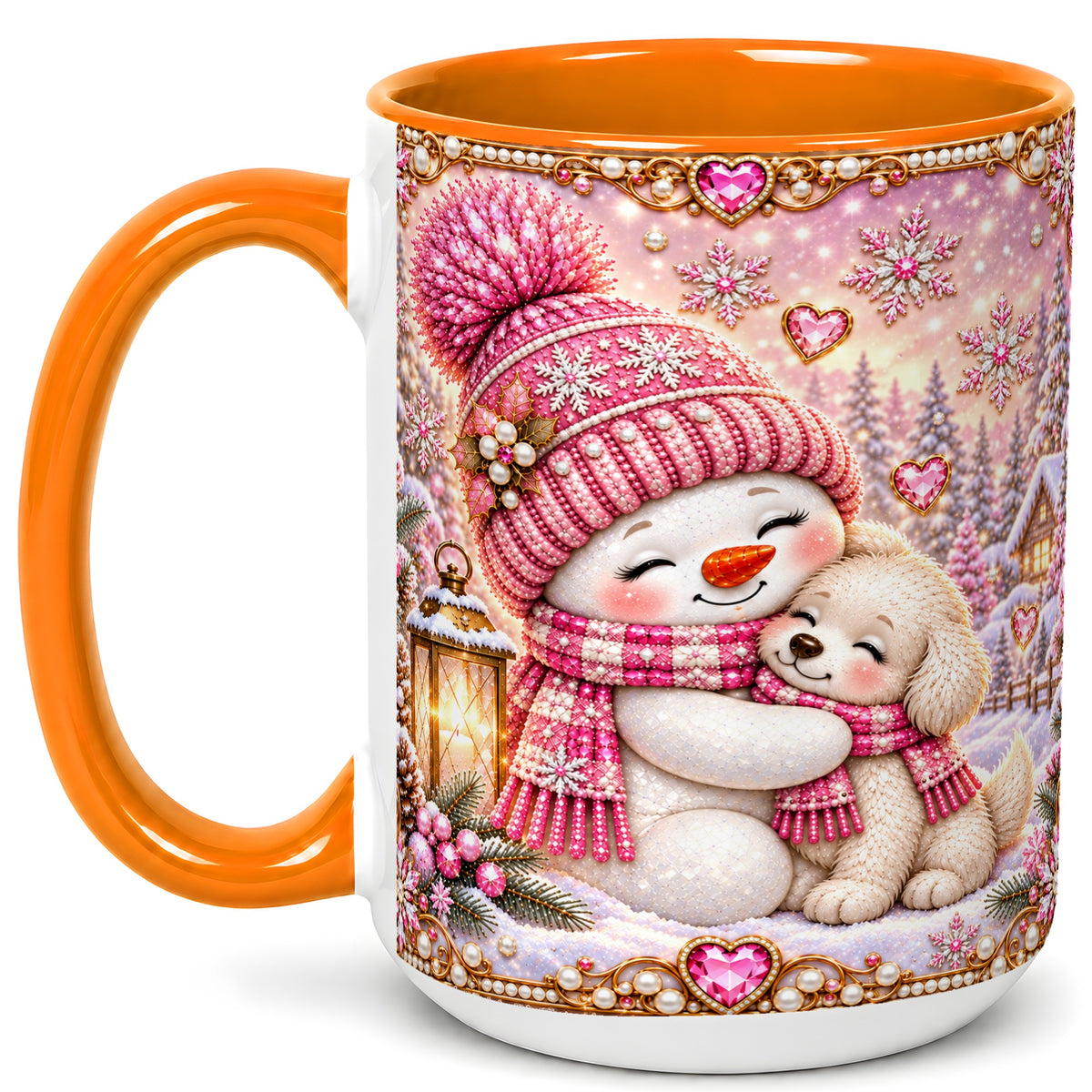 #pl[15oz|Orange] Pink Snowman Dog Coffee Mug, Winter Mug, Ceramic Cup