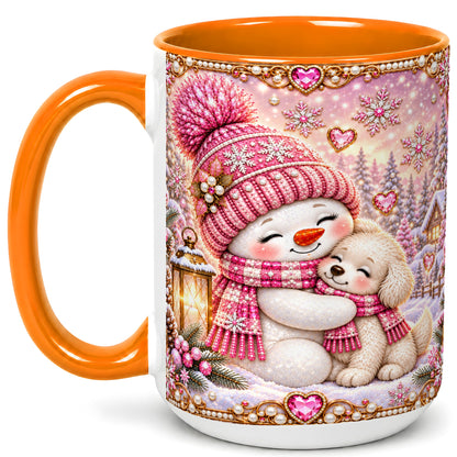 #pl[15oz|Orange] Pink Snowman Dog Coffee Mug, Winter Mug, Ceramic Cup