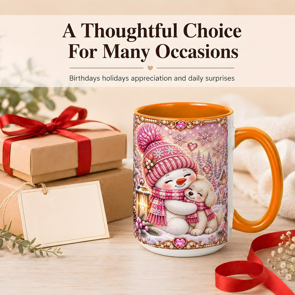 #pl[15oz|Orange] Pink Snowman Dog Coffee Mug, Winter Mug, Ceramic Cup