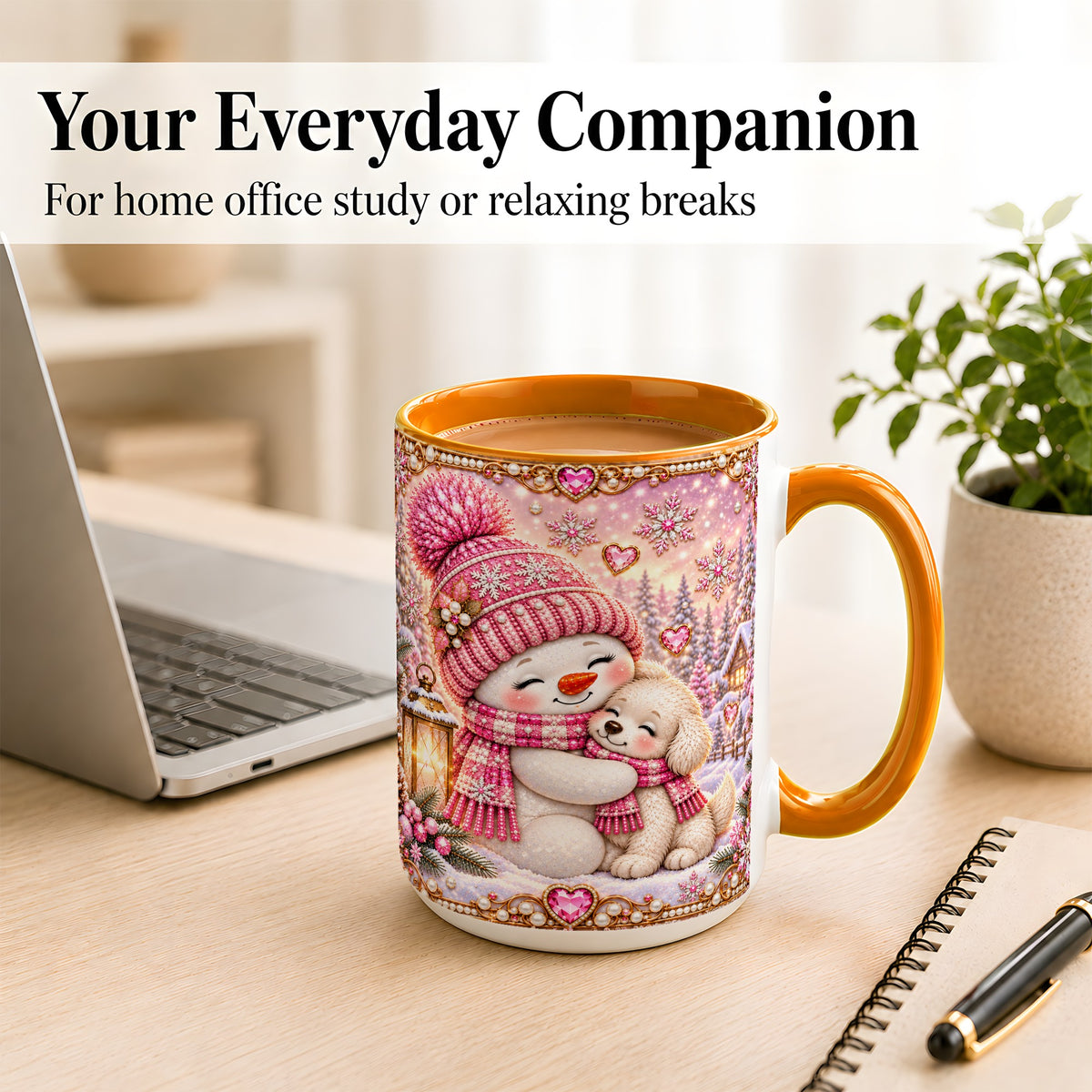 #pl[15oz|Orange] Pink Snowman Dog Coffee Mug, Winter Mug, Ceramic Cup