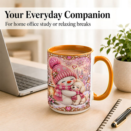 #pl[15oz|Orange] Pink Snowman Dog Coffee Mug, Winter Mug, Ceramic Cup