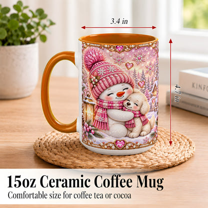 #pl[15oz|Orange] Pink Snowman Dog Coffee Mug, Winter Mug, Ceramic Cup