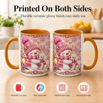 #pl[15oz|Orange] Pink Snowman Dog Coffee Mug, Winter Mug, Ceramic Cup