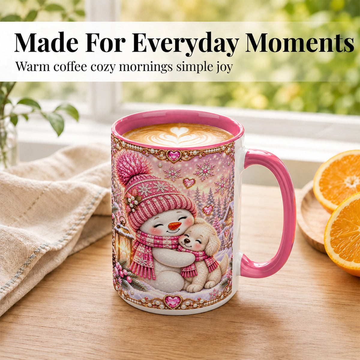 #pl[15oz|Pink] Pink Snowman Dog Coffee Mug, Winter Mug, Ceramic Cup