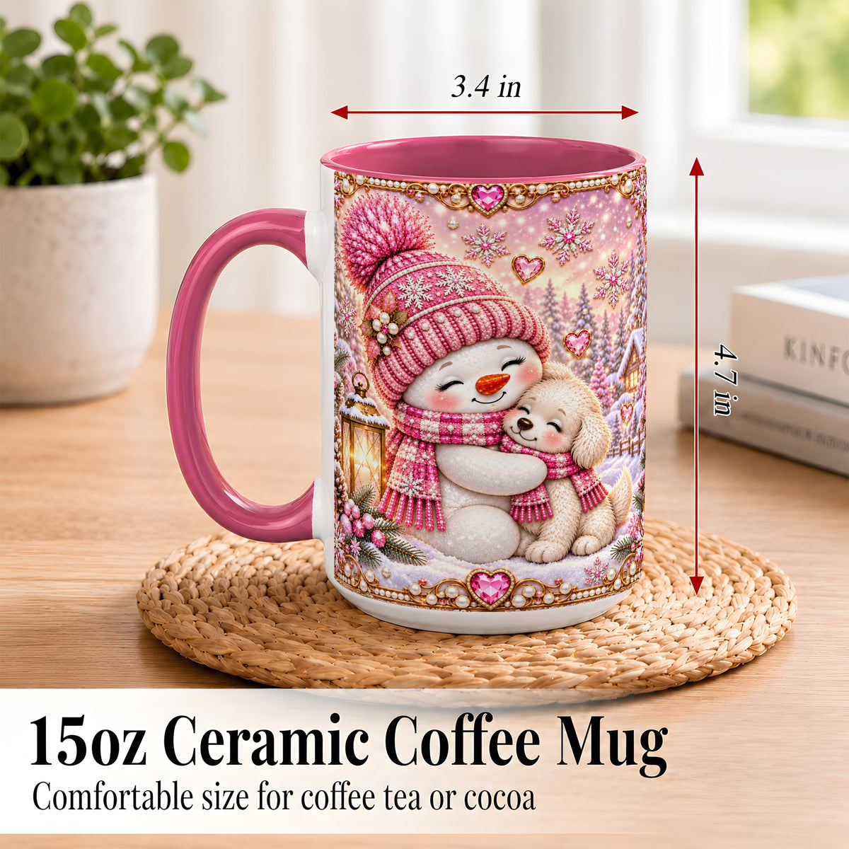 #pl[15oz|Pink] Pink Snowman Dog Coffee Mug, Winter Mug, Ceramic Cup