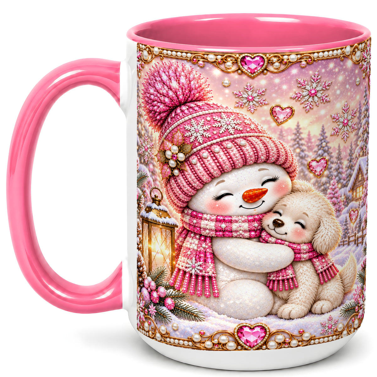 #pl[15oz|Pink] Pink Snowman Dog Coffee Mug, Winter Mug, Ceramic Cup