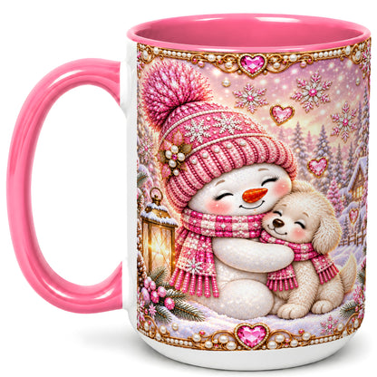 #pl[15oz|Pink] Pink Snowman Dog Coffee Mug, Winter Mug, Ceramic Cup