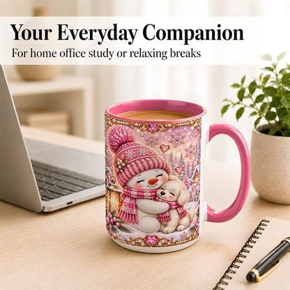 #pl[15oz|Pink] Pink Snowman Dog Coffee Mug, Winter Mug, Ceramic Cup