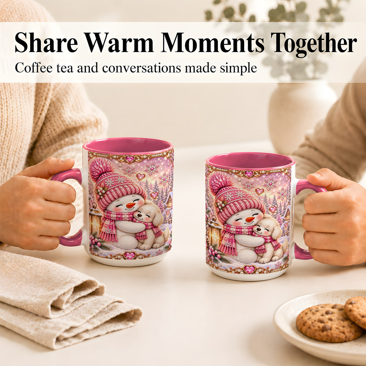 #pl[15oz|Pink] Pink Snowman Dog Coffee Mug, Winter Mug, Ceramic Cup