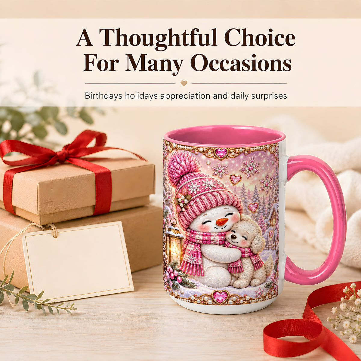 #pl[15oz|Pink] Pink Snowman Dog Coffee Mug, Winter Mug, Ceramic Cup