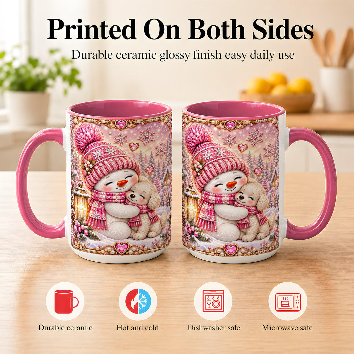 #pl[15oz|Pink] Pink Snowman Dog Coffee Mug, Winter Mug, Ceramic Cup
