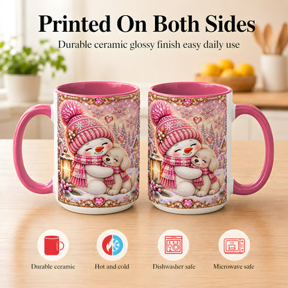 #pl[15oz|Pink] Pink Snowman Dog Coffee Mug, Winter Mug, Ceramic Cup