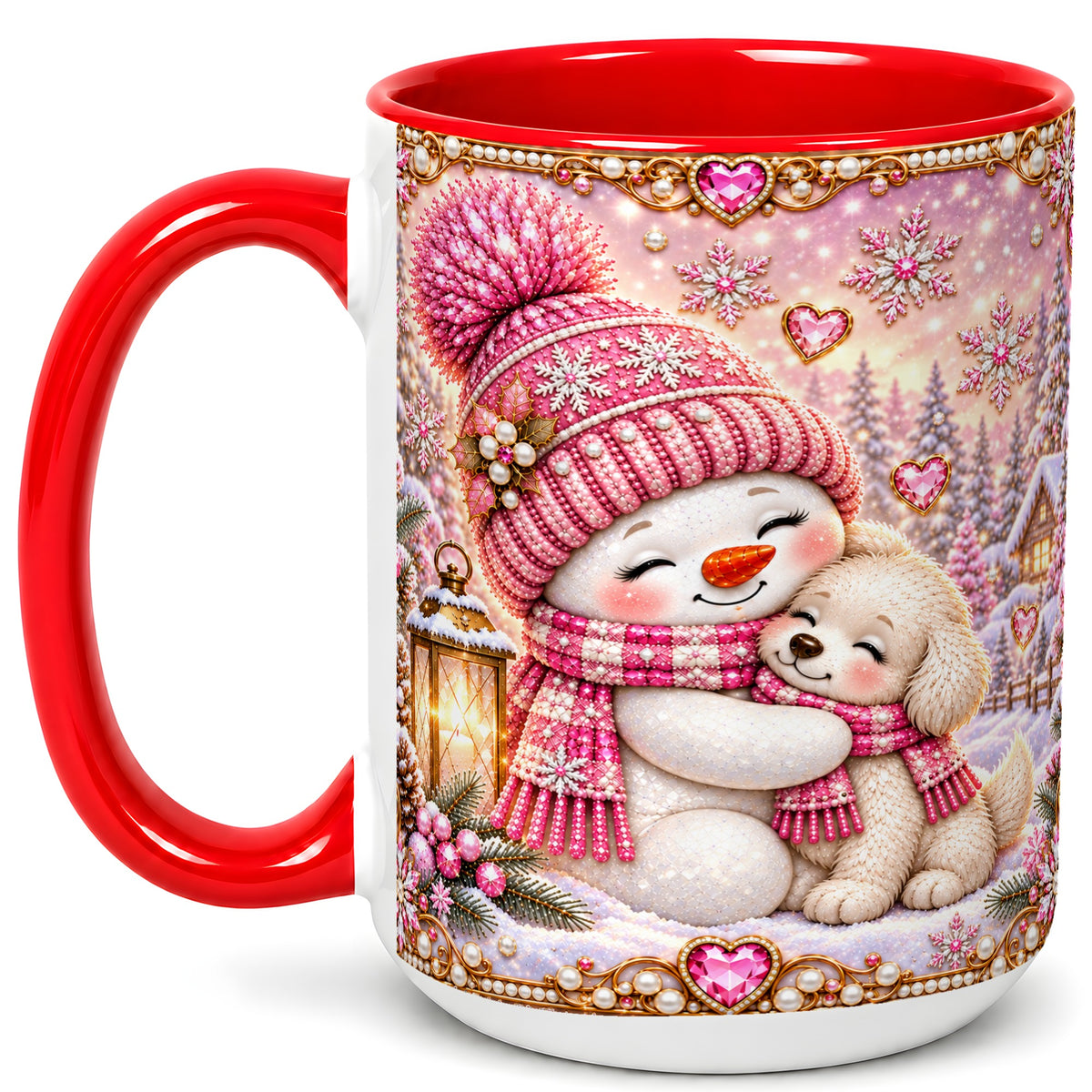 #pl[15oz|Red] Pink Snowman Dog Coffee Mug, Winter Mug, Ceramic Cup