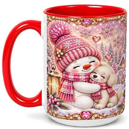 #pl[15oz|Red] Pink Snowman Dog Coffee Mug, Winter Mug, Ceramic Cup