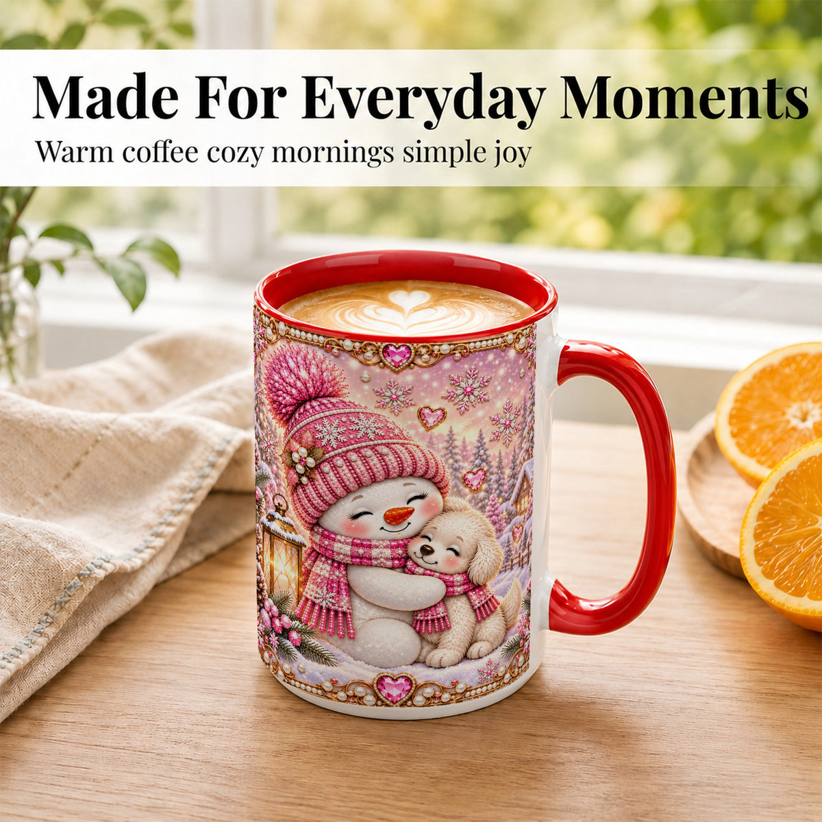 #pl[15oz|Red] Pink Snowman Dog Coffee Mug, Winter Mug, Ceramic Cup