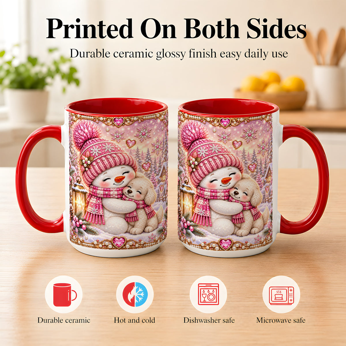 #pl[15oz|Red] Pink Snowman Dog Coffee Mug, Winter Mug, Ceramic Cup