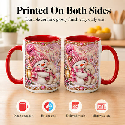 #pl[15oz|Red] Pink Snowman Dog Coffee Mug, Winter Mug, Ceramic Cup