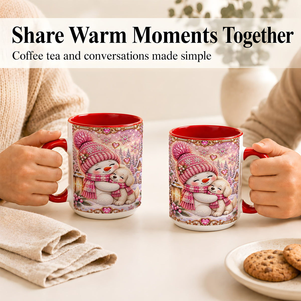 #pl[15oz|Red] Pink Snowman Dog Coffee Mug, Winter Mug, Ceramic Cup