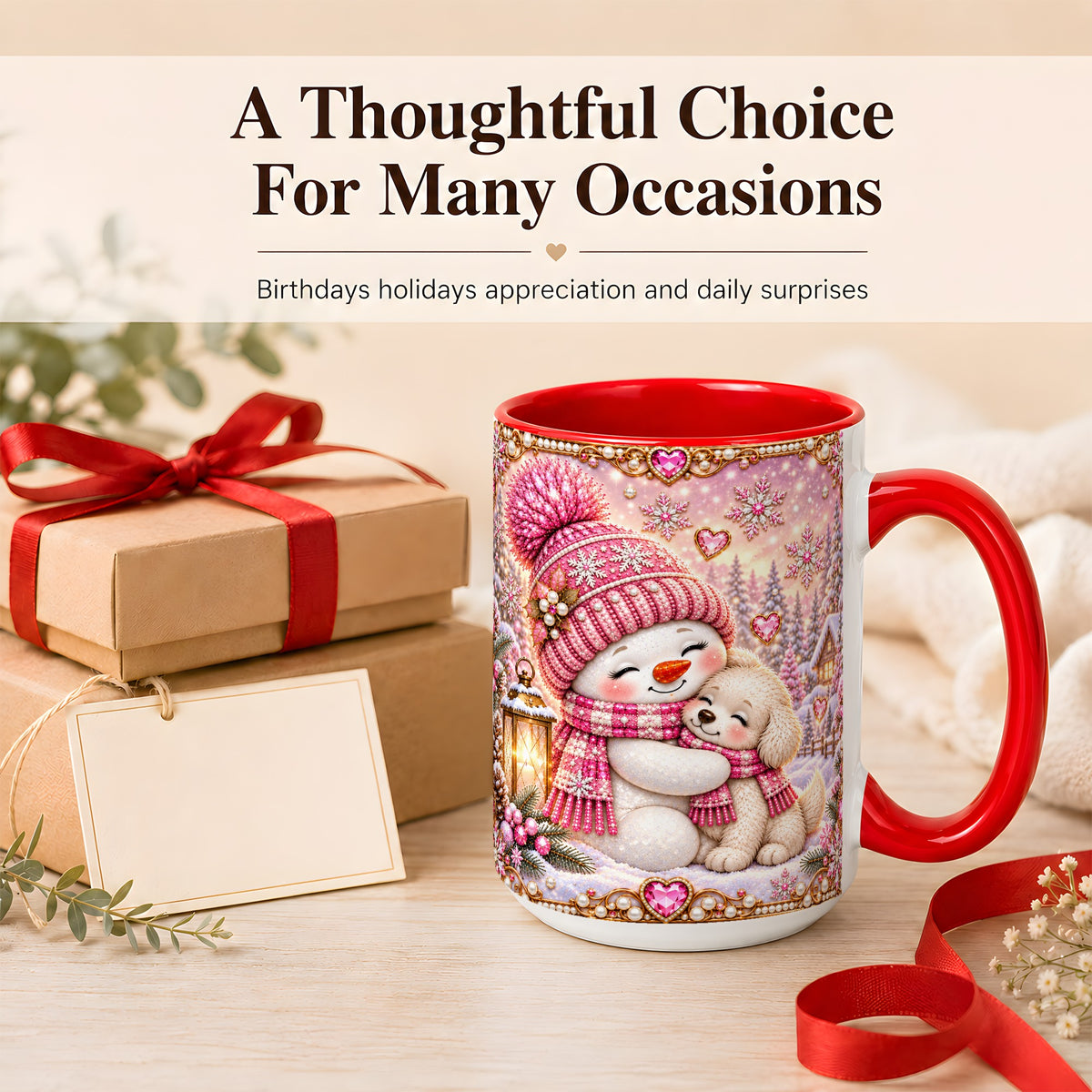 #pl[15oz|Red] Pink Snowman Dog Coffee Mug, Winter Mug, Ceramic Cup