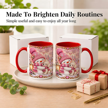 #pl[15oz|Red] Pink Snowman Dog Coffee Mug, Winter Mug, Ceramic Cup