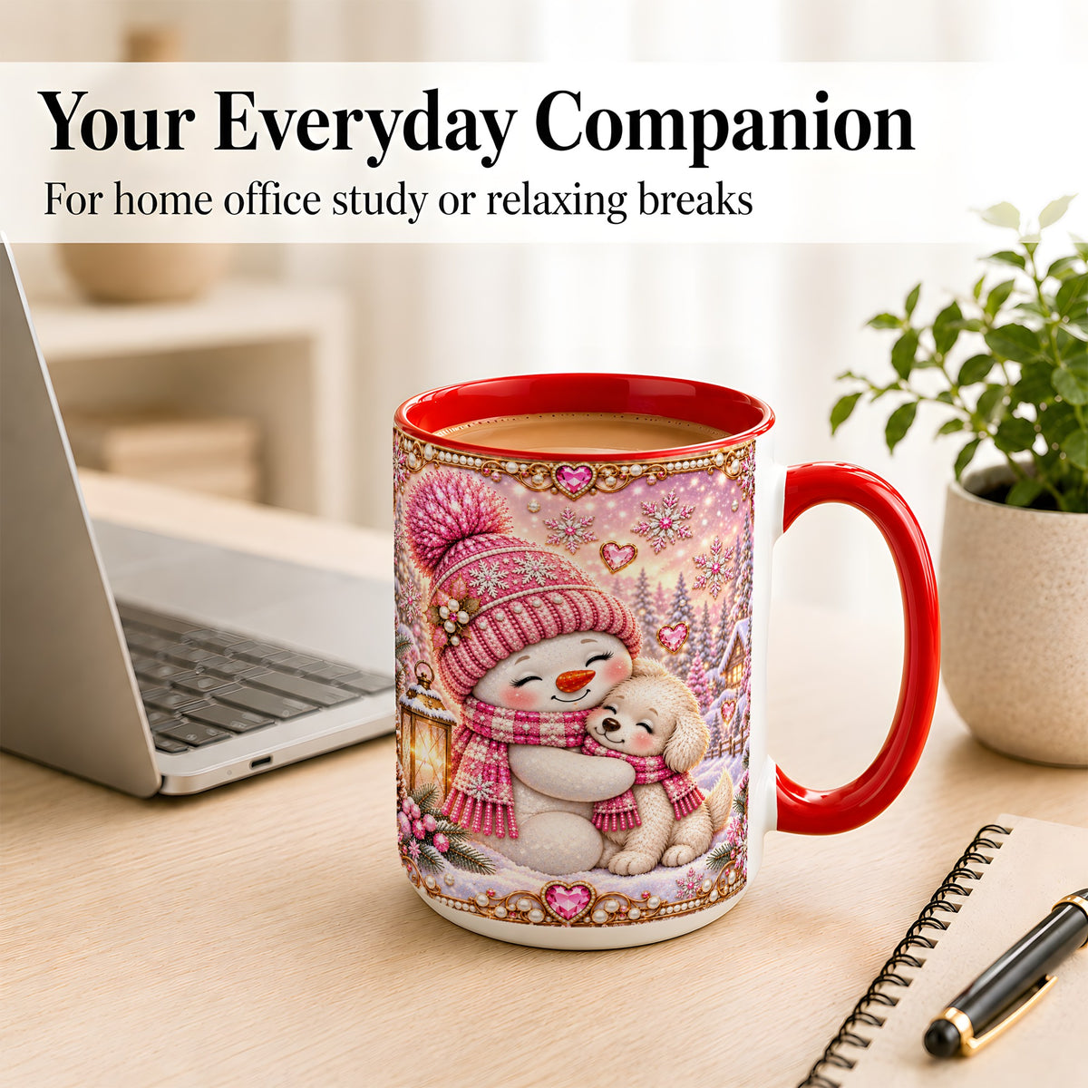 #pl[15oz|Red] Pink Snowman Dog Coffee Mug, Winter Mug, Ceramic Cup