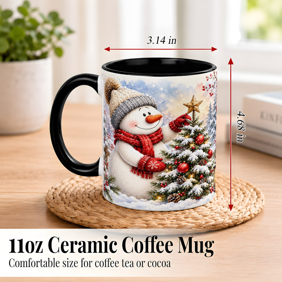 #pl[11oz|Black] Snowman Christmas Tree Coffee Mug, Winter Snowman Mug, Ceramic Cup