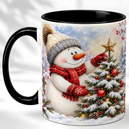 #pl[11oz|Black] Snowman Christmas Tree Coffee Mug, Winter Snowman Mug, Ceramic Cup