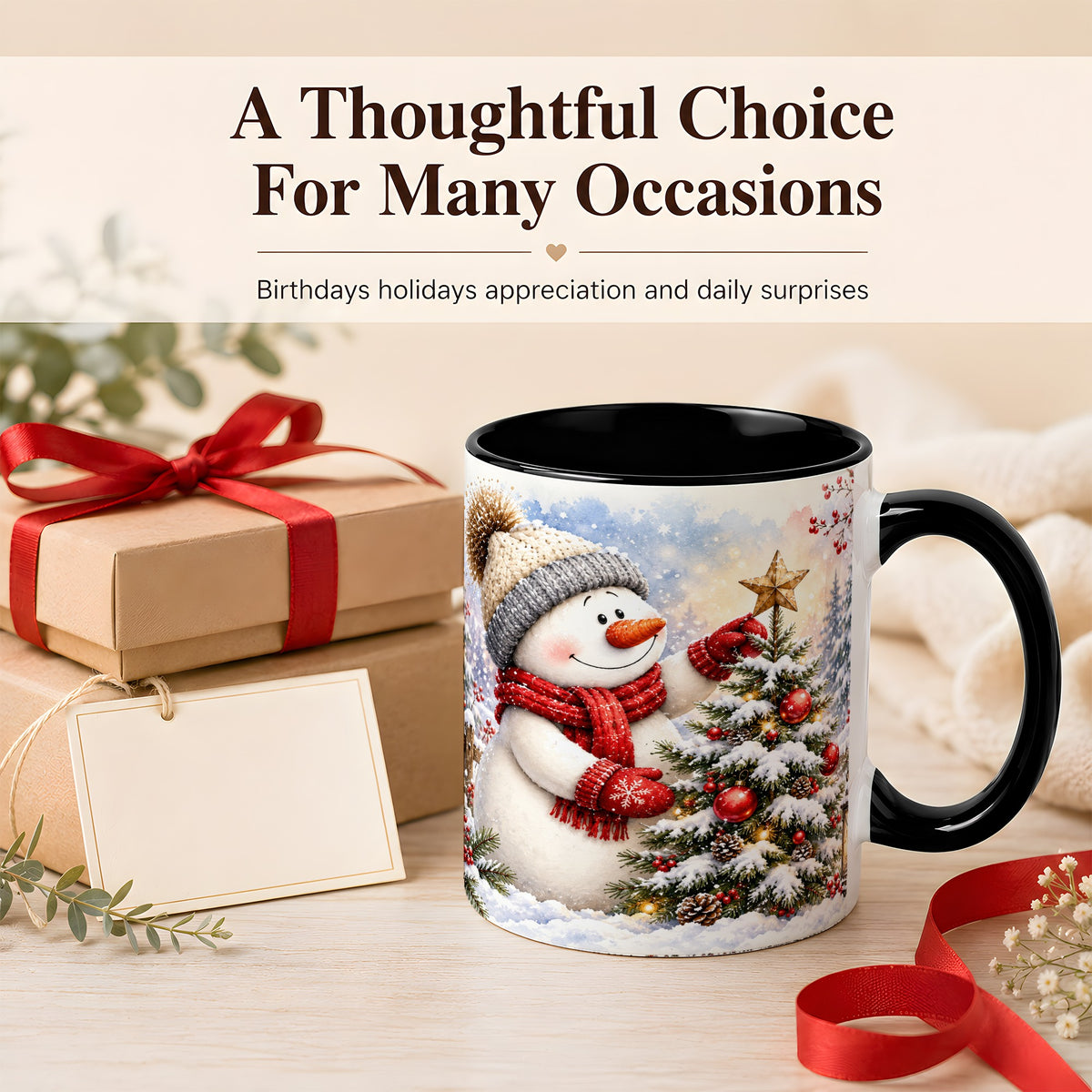 #pl[11oz|Black] Snowman Christmas Tree Coffee Mug, Winter Snowman Mug, Ceramic Cup