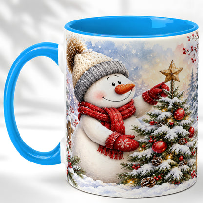 #pl[11oz|Blue] Snowman Christmas Tree Coffee Mug, Winter Snowman Mug, Ceramic Cup