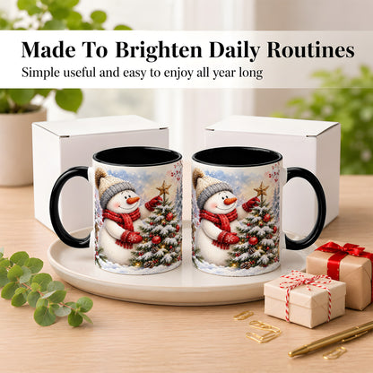 #pl[11oz|Black] Snowman Christmas Tree Coffee Mug, Winter Snowman Mug, Ceramic Cup