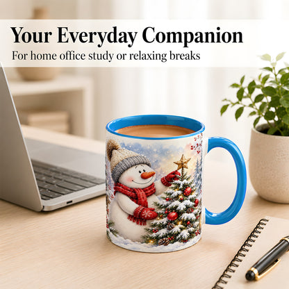 #pl[11oz|Blue] Snowman Christmas Tree Coffee Mug, Winter Snowman Mug, Ceramic Cup