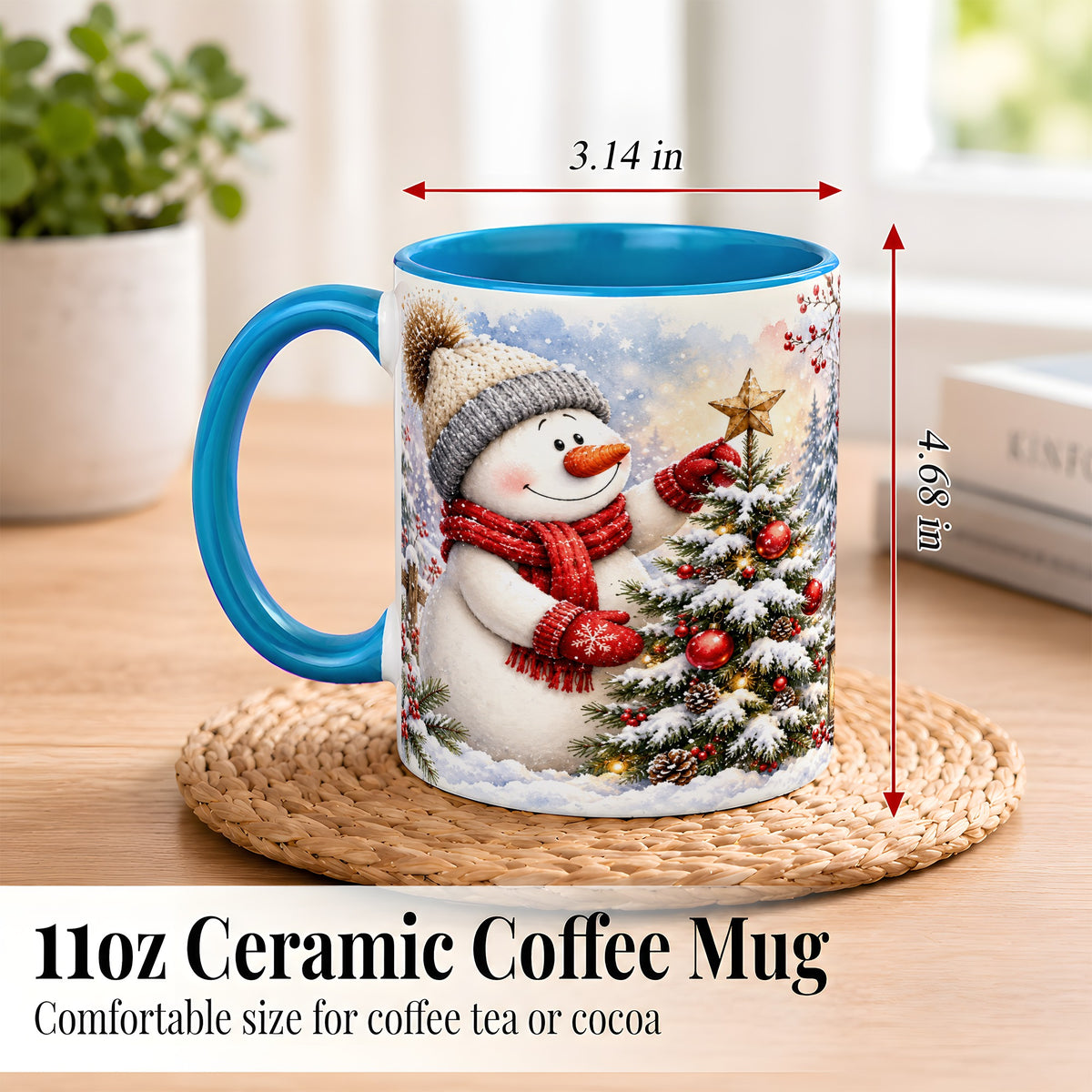 #pl[11oz|Blue] Snowman Christmas Tree Coffee Mug, Winter Snowman Mug, Ceramic Cup