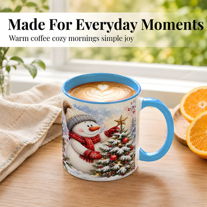 #pl[11oz|Blue] Snowman Christmas Tree Coffee Mug, Winter Snowman Mug, Ceramic Cup