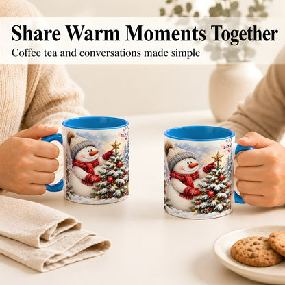 #pl[11oz|Blue] Snowman Christmas Tree Coffee Mug, Winter Snowman Mug, Ceramic Cup