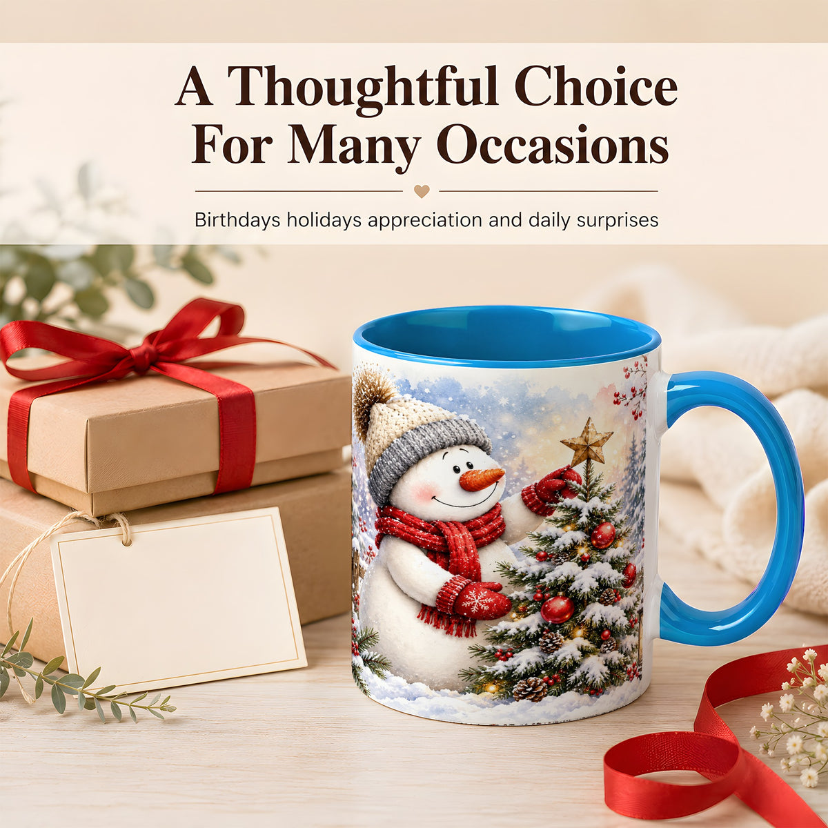 #pl[11oz|Blue] Snowman Christmas Tree Coffee Mug, Winter Snowman Mug, Ceramic Cup