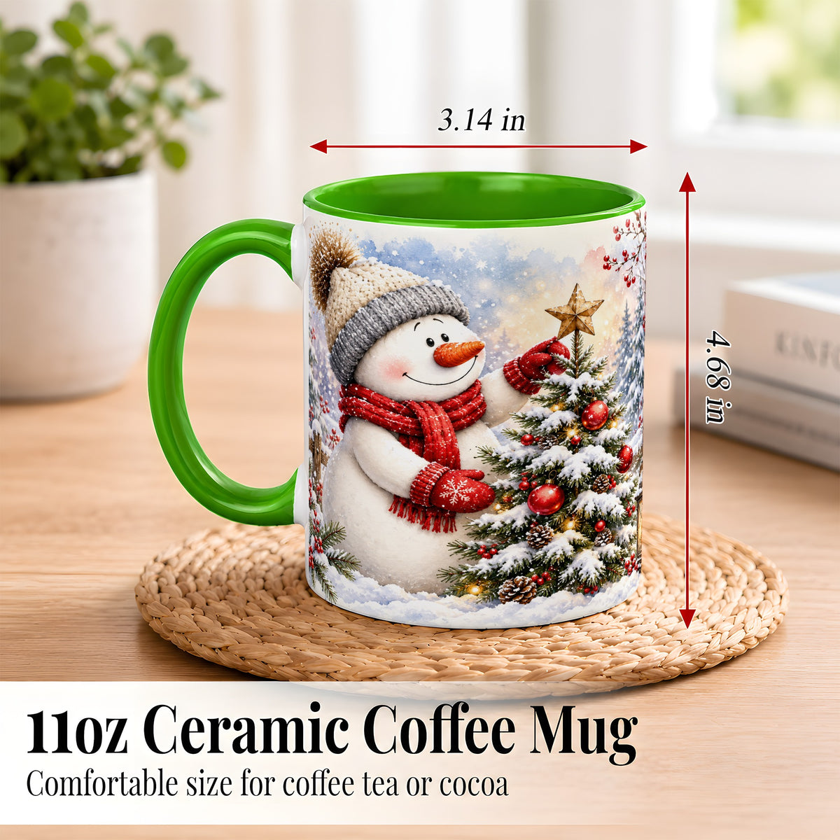 #pl[11oz|Green] Snowman Christmas Tree Coffee Mug, Winter Snowman Mug, Ceramic Cup