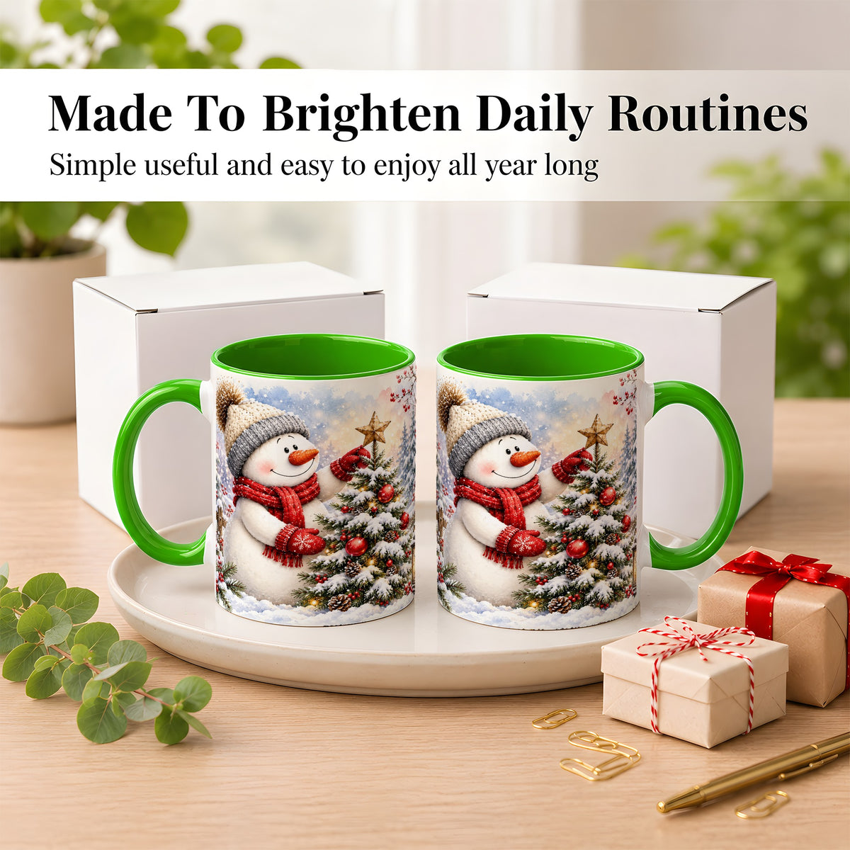 #pl[11oz|Green] Snowman Christmas Tree Coffee Mug, Winter Snowman Mug, Ceramic Cup