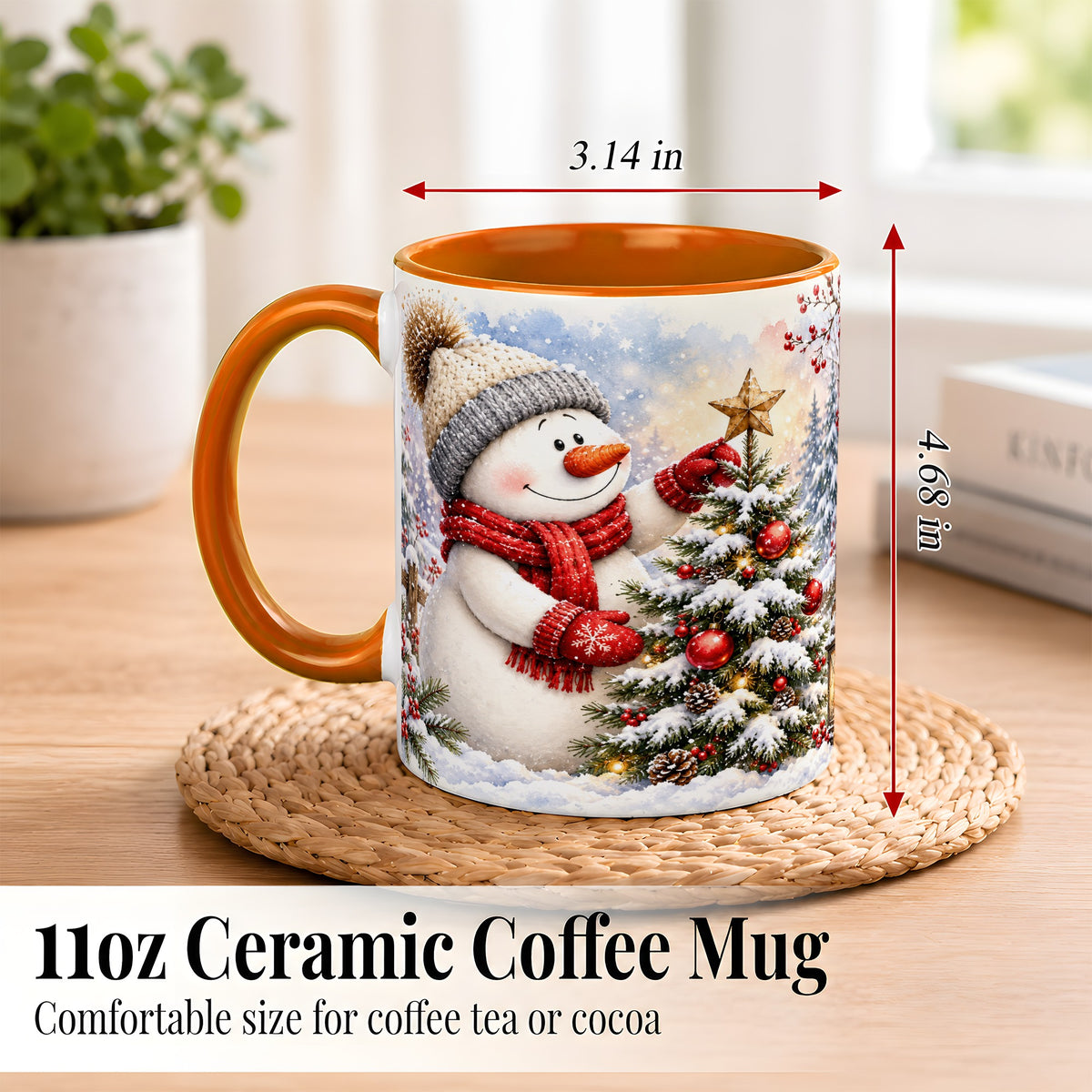 #pl[11oz|Orange] Snowman Christmas Tree Coffee Mug, Winter Snowman Mug, Ceramic Cup