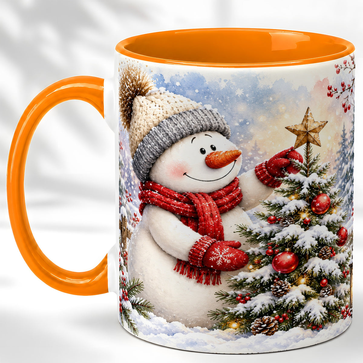#pl[11oz|Orange] Snowman Christmas Tree Coffee Mug, Winter Snowman Mug, Ceramic Cup