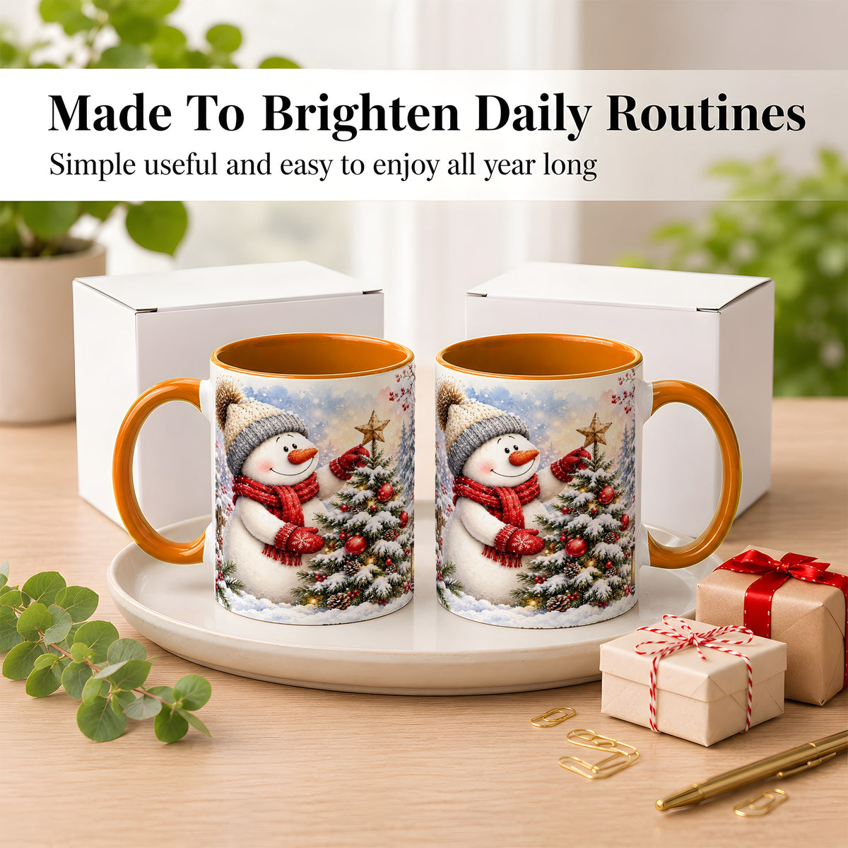 #pl[11oz|Orange] Snowman Christmas Tree Coffee Mug, Winter Snowman Mug, Ceramic Cup